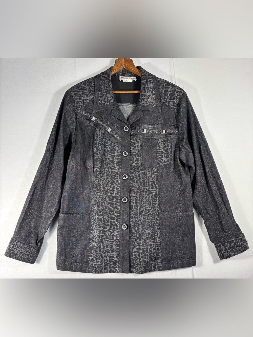 Nancy Bolen City Girl Women’s 10 Black Metallic Long Sleeve Jacket w/Gator Print